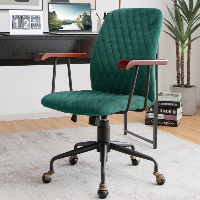 Velvet Home Office Chair with Wooden Armrest