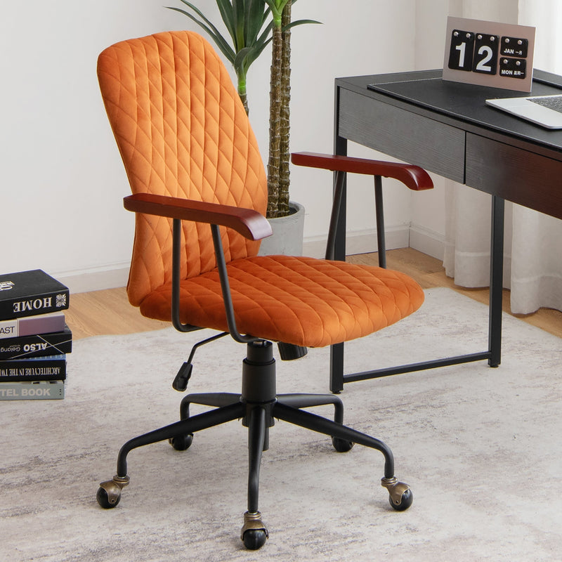 Velvet Home Office Chair with Wooden Armrest