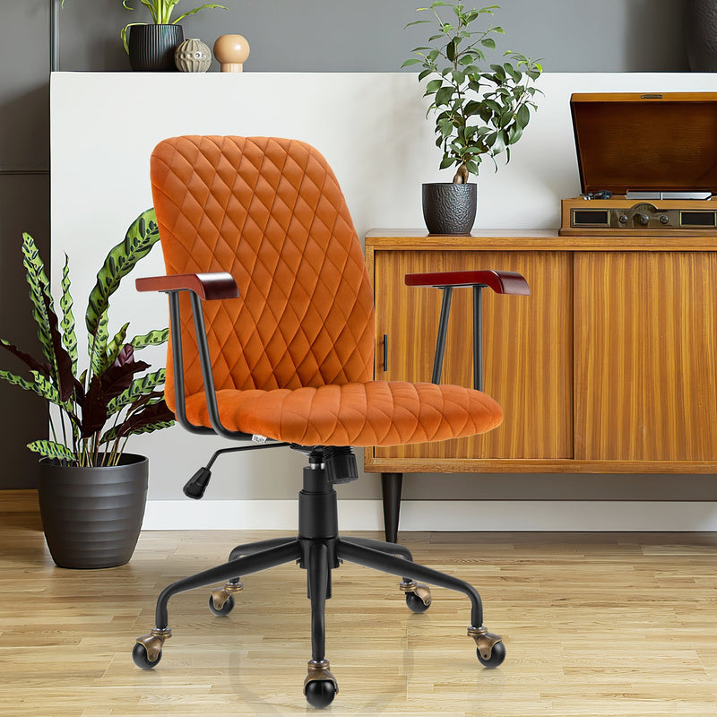 Velvet Home Office Chair with Wooden Armrest