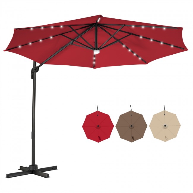 10ft Patio Cantilever Umbrella Outdoor Hanging Offset Umbrella with Solar LED Lights and 360-Degree Rotation