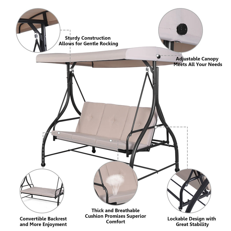 3 Seats Outdoor Swing Hammock with Adjustable Tilt Canopy