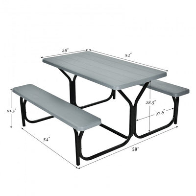 Outdoor Camping Table Bench Set Picnic All Weather Dining Set with Metal Base and Wood-Like Texture