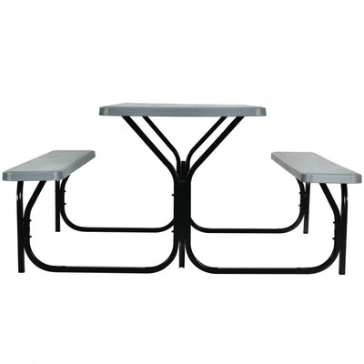 Outdoor Camping Table Bench Set Picnic All Weather Dining Set with Metal Base and Wood-Like Texture