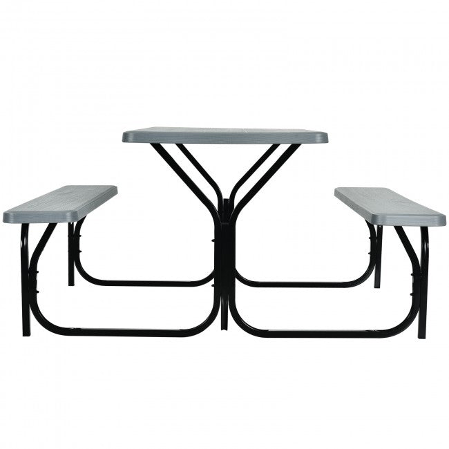 Outdoor Camping Table Bench Set Picnic All Weather Dining Set with Metal Base and Wood-Like Texture