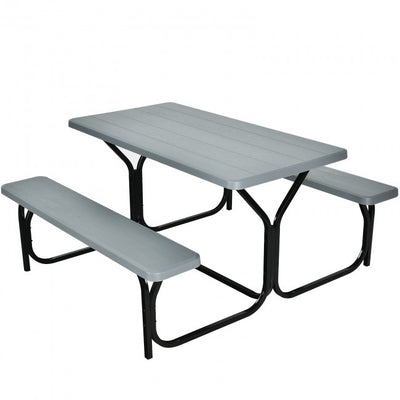 Outdoor Camping Table Bench Set Picnic All Weather Dining Set with Metal Base and Wood-Like Texture