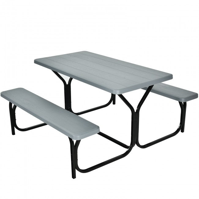 Outdoor Camping Table Bench Set Picnic All Weather Dining Set with Metal Base and Wood-Like Texture