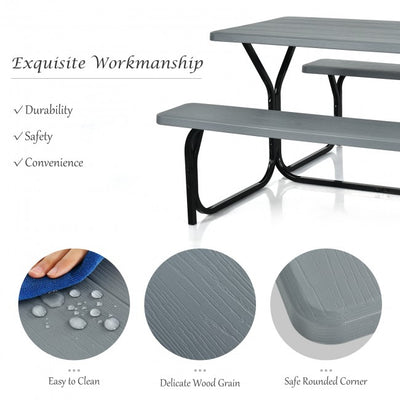 Outdoor Camping Table Bench Set Picnic All Weather Dining Set with Metal Base and Wood-Like Texture