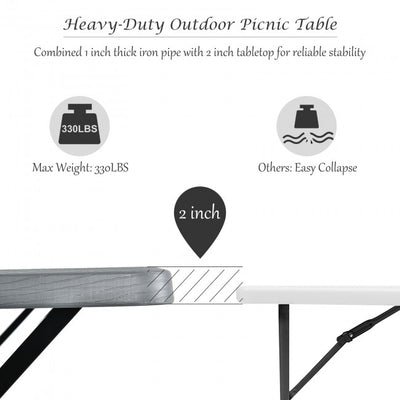 Outdoor Camping Table Bench Set Picnic All Weather Dining Set with Metal Base and Wood-Like Texture