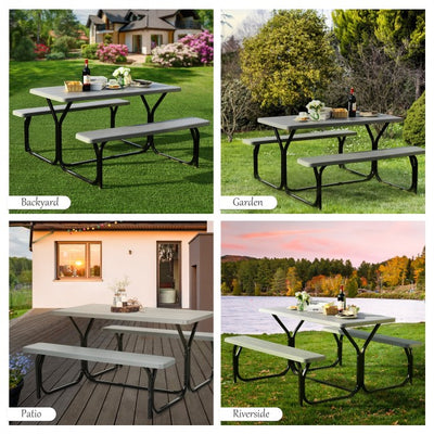 Outdoor Camping Table Bench Set Picnic All Weather Dining Set with Metal Base and Wood-Like Texture