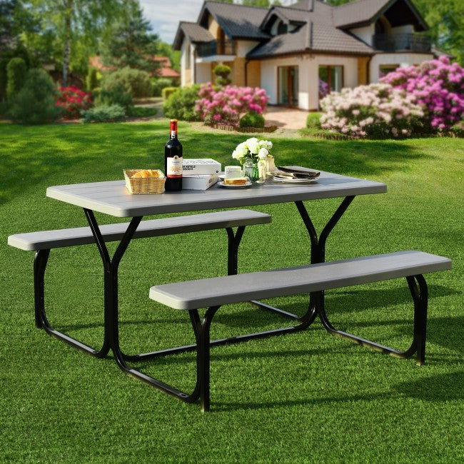 Outdoor Camping Table Bench Set Picnic All Weather Dining Set with Metal Base and Wood-Like Texture