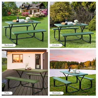 Outdoor Camping Table Bench Set Picnic All Weather Dining Set with Metal Base and Wood-Like Texture