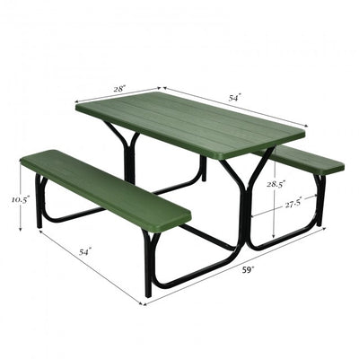 Outdoor Camping Table Bench Set Picnic All Weather Dining Set with Metal Base and Wood-Like Texture