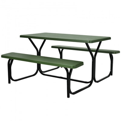 Outdoor Camping Table Bench Set Picnic All Weather Dining Set with Metal Base and Wood-Like Texture