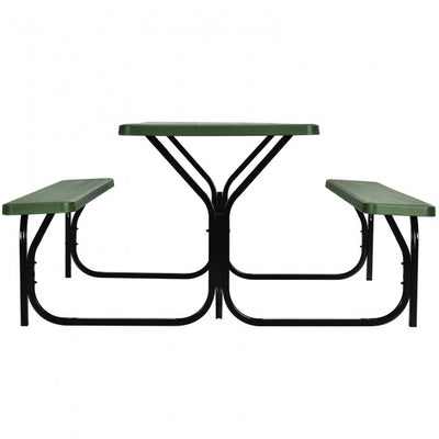 Outdoor Camping Table Bench Set Picnic All Weather Dining Set with Metal Base and Wood-Like Texture