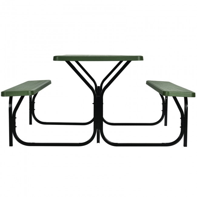 Outdoor Camping Table Bench Set Picnic All Weather Dining Set with Metal Base and Wood-Like Texture