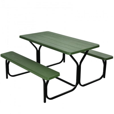 Outdoor Camping Table Bench Set Picnic All Weather Dining Set with Metal Base and Wood-Like Texture