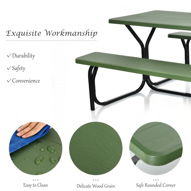 Outdoor Camping Table Bench Set Picnic All Weather Dining Set with Metal Base and Wood-Like Texture