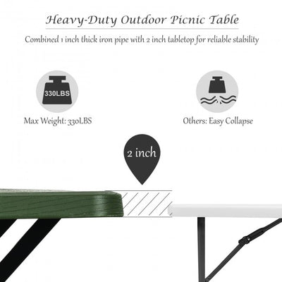 Outdoor Camping Table Bench Set Picnic All Weather Dining Set with Metal Base and Wood-Like Texture