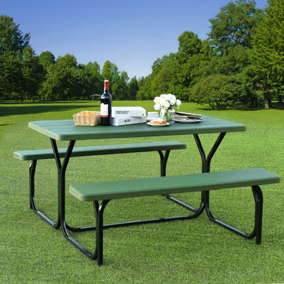 Outdoor Camping Table Bench Set Picnic All Weather Dining Set with Metal Base and Wood-Like Texture