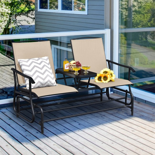 2-Person Patio Rocking Chair Outdoor Glider Bench Swing Loveseat with Coffee Table