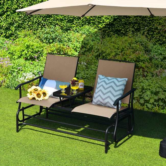 2 person patio set with umbrella 2-Person Double Rocking Loveseat with Mesh Fabric and Center Tempered Glass Table-Brown