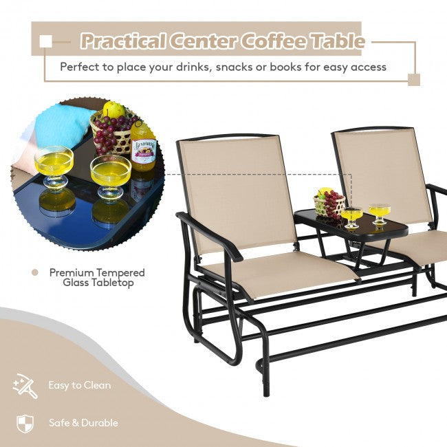 2-Person Patio Rocking Chair Outdoor Glider Bench Swing Loveseat with Coffee Table