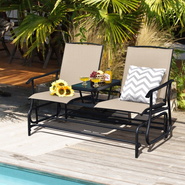 2-Person Patio Rocking Chair Outdoor Glider Bench Swing Loveseat with Coffee Table