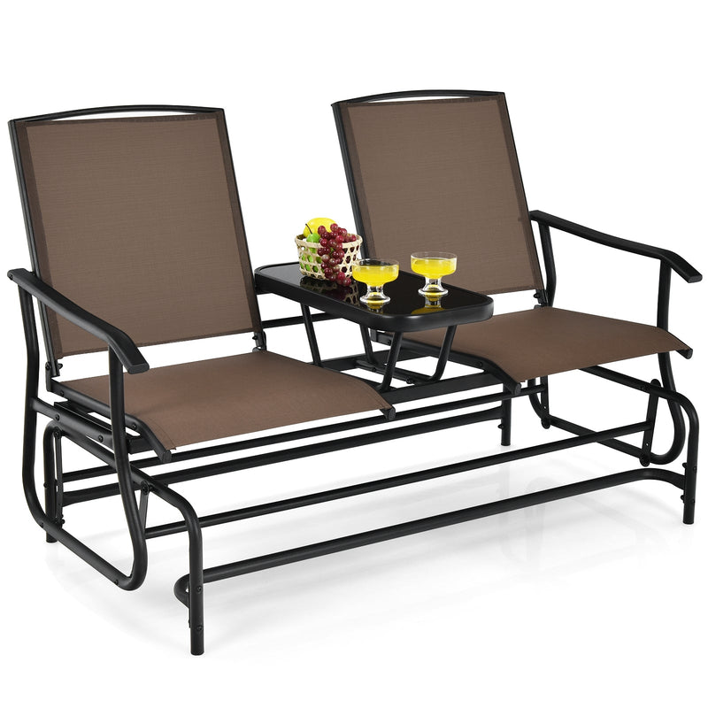 2-Person Double Rocking Loveseat with Mesh Fabric and Center Tempered Glass Table