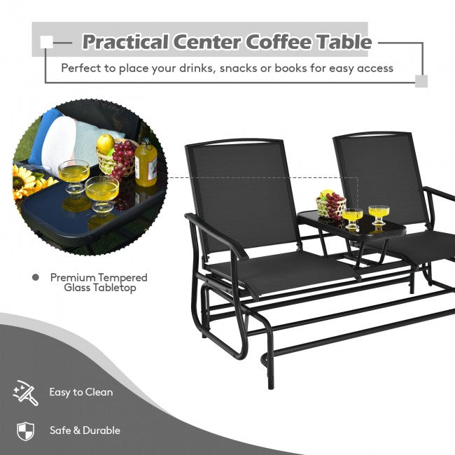 2-Person Patio Rocking Chair Outdoor Glider Bench Swing Loveseat with Coffee Table