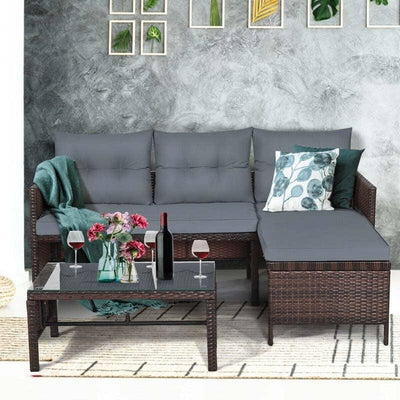 3 Pcs Patio Rattan Furniture Set Corner Sofa Set with cushions