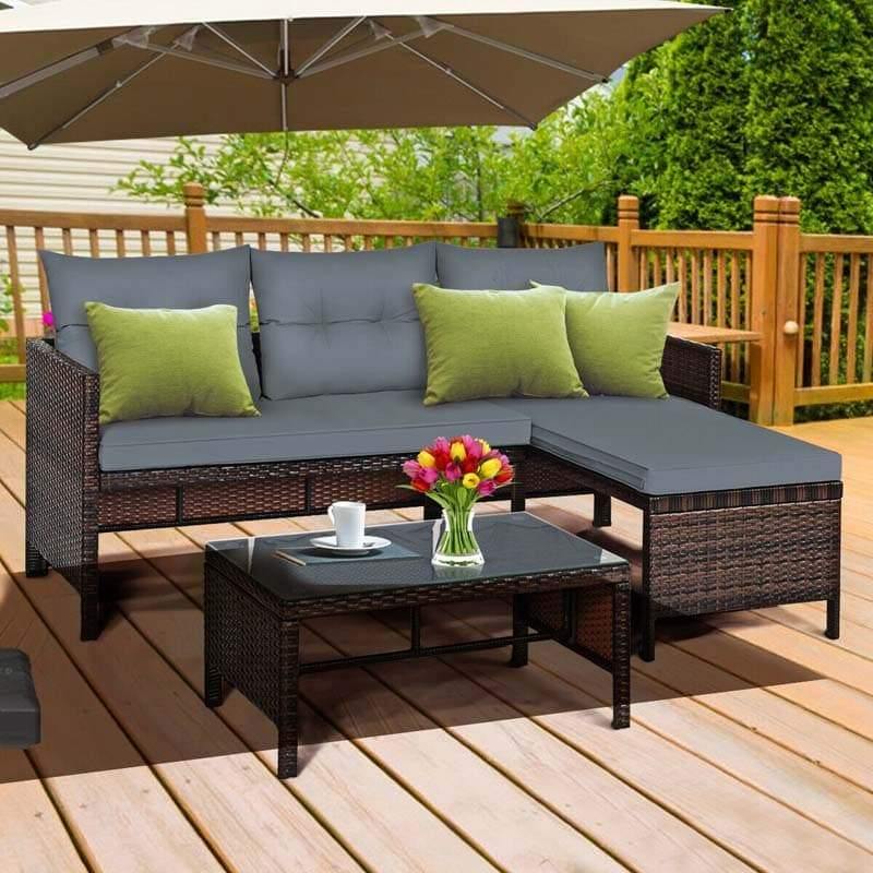 3 Pcs Patio Rattan Furniture Set Corner Sofa Set with cushions