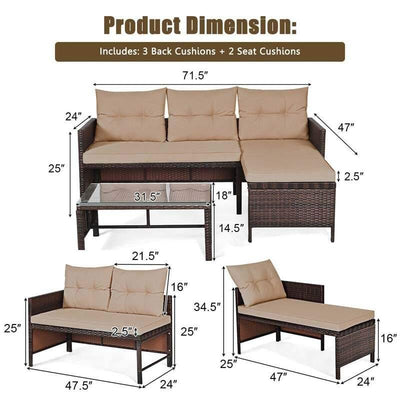 3 Pcs Patio Rattan Furniture Set Corner Sofa Set with cushions