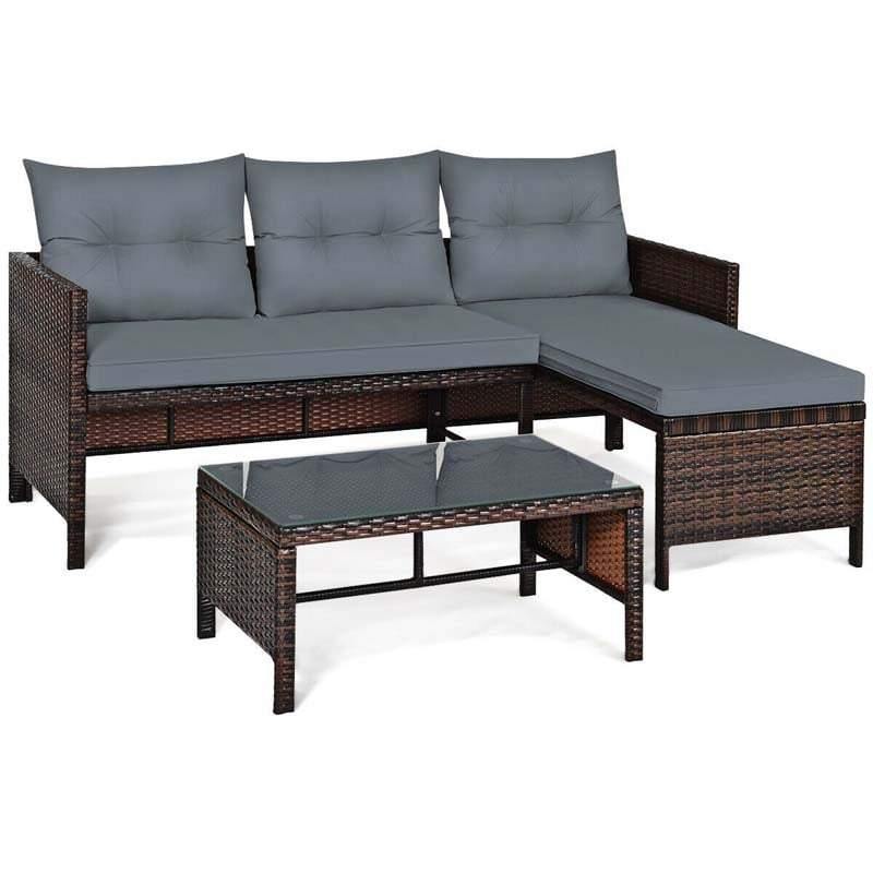 3 Pcs Patio Rattan Furniture Set Corner Sofa Set with cushions