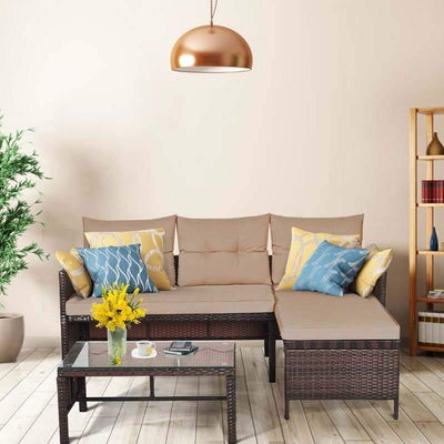3 Pcs Patio Rattan Furniture Set Corner Sofa Set with cushions