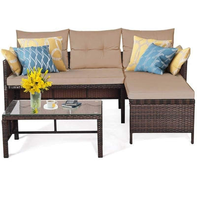 3 Pcs Patio Rattan Furniture Set Corner Sofa Set with cushions