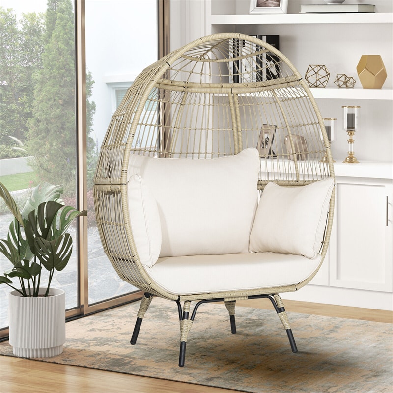 Oversized Outdoor Rattan Egg Chair Patio Wicker Basket Lounge Chair with Cushions &amp; Pillows