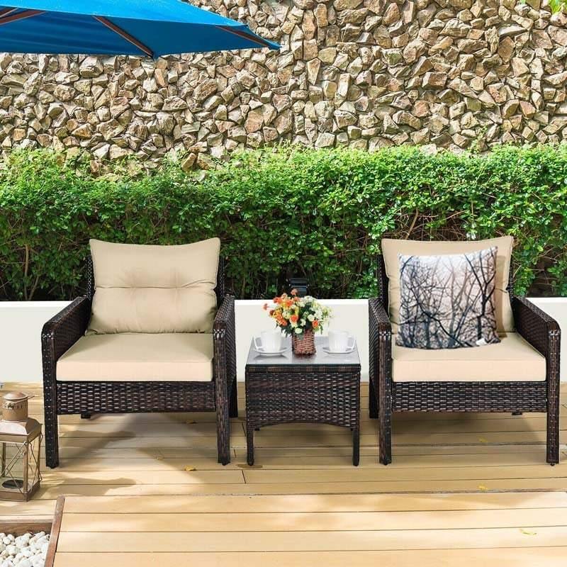 3 Pcs Rattan Wicker Outdoor Sofa Set with Washable Cushion and Tempered Glass Tabletop