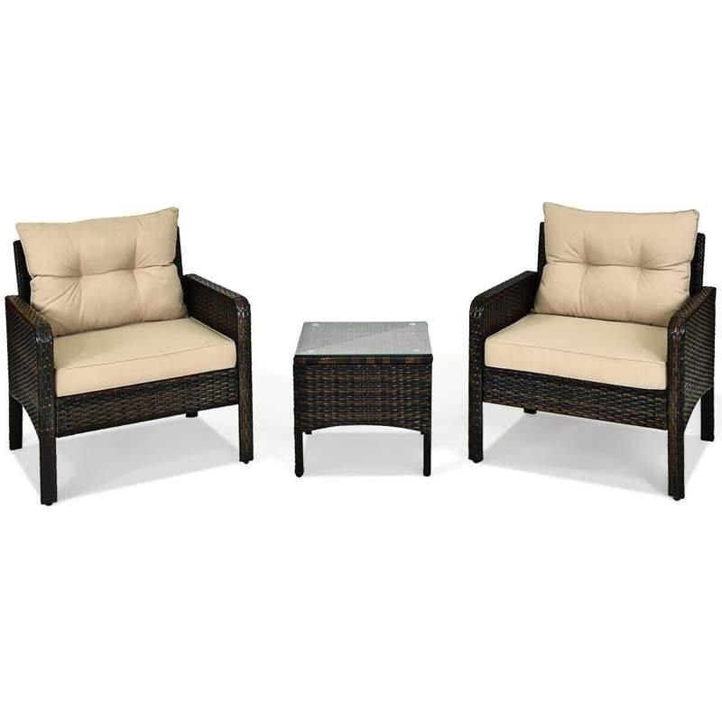 3 Pcs Rattan Wicker Outdoor Sofa Set with Washable Cushion and Tempered Glass Tabletop