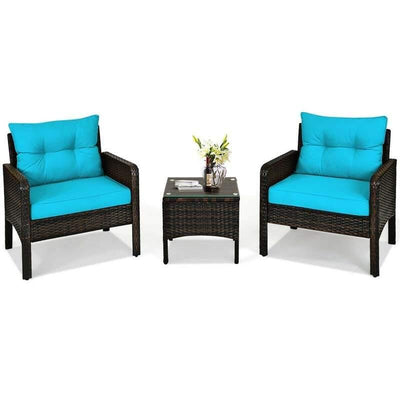 3 Pcs Rattan Wicker Outdoor Sofa Set with Washable Cushion and Tempered Glass Tabletop