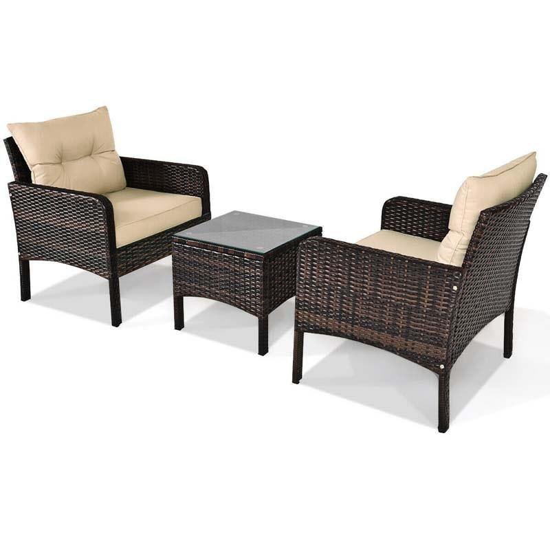 3 Pcs Rattan Wicker Outdoor Sofa Set with Washable Cushion and Tempered Glass Tabletop