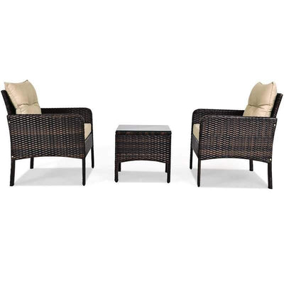 3 Pcs Rattan Wicker Outdoor Sofa Set with Washable Cushion and Tempered Glass Tabletop