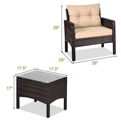 3 Pcs Rattan Wicker Outdoor Sofa Set with Washable Cushion and Tempered Glass Tabletop