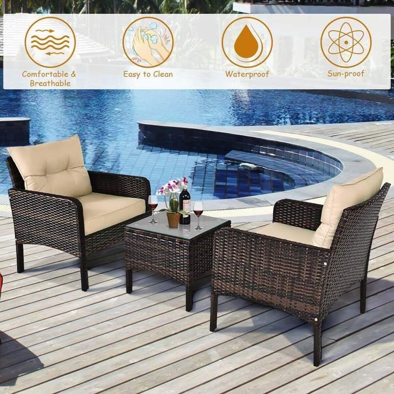 3 Pcs Rattan Wicker Outdoor Sofa Set with Washable Cushion and Tempered Glass Tabletop