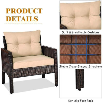 3 Pcs Rattan Wicker Outdoor Sofa Set with Washable Cushion and Tempered Glass Tabletop