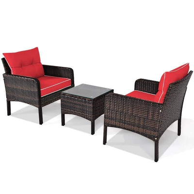 3 Pcs Rattan Wicker Outdoor Sofa Set with Washable Cushion and Tempered Glass Tabletop