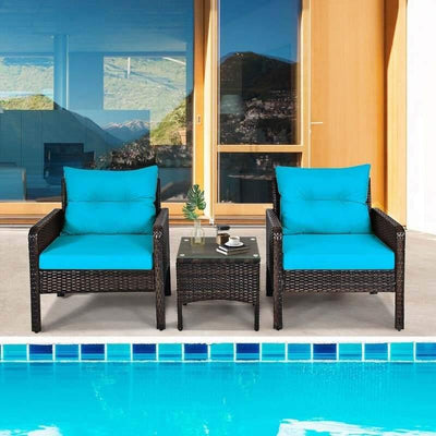 3 Pcs Rattan Wicker Outdoor Sofa Set with Washable Cushion and Tempered Glass Tabletop