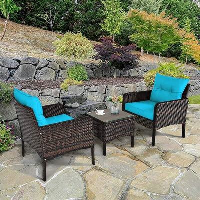 3 Pcs Rattan Wicker Outdoor Sofa Set with Washable Cushion and Tempered Glass Tabletop