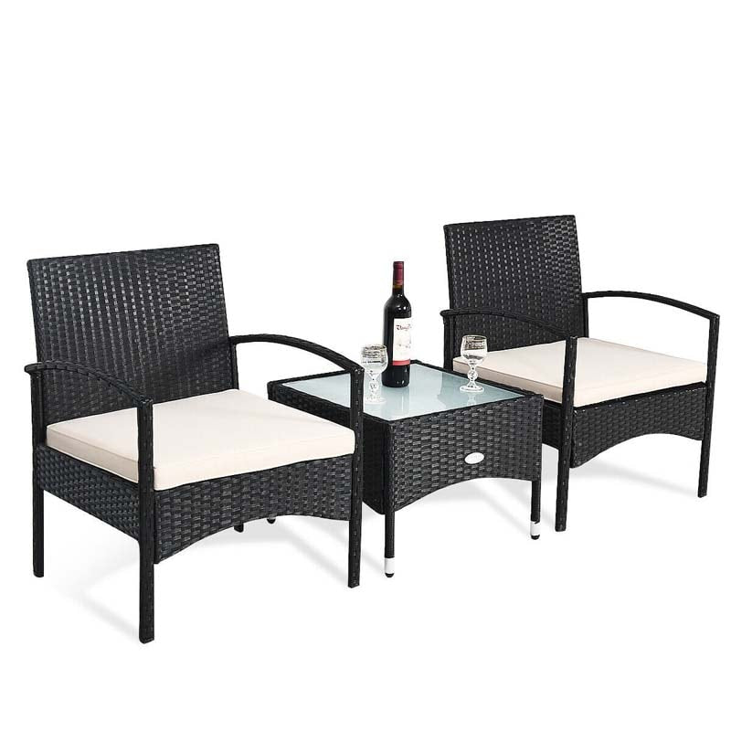 3 Pcs Patio Wicker Rattan Bistro Set with Cushion