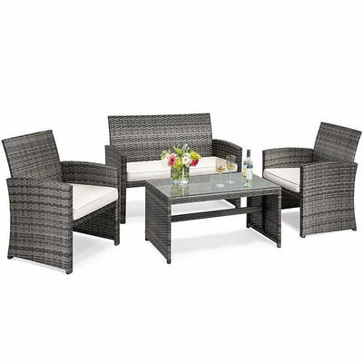 4 Pieces Outdoor Patio Wicker Sofa Set Rattan Conversation Bistro Sets with Cushions and Table