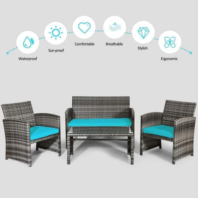 4 Pieces Outdoor Patio Wicker Sofa Set Rattan Conversation Bistro Sets with Cushions and Table